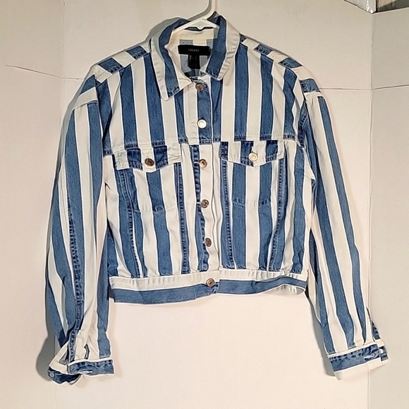 Forever 21 Striped Denim Jacket‎ Cropped Jean Jacket Blue White Medium - Picture 1 of 7